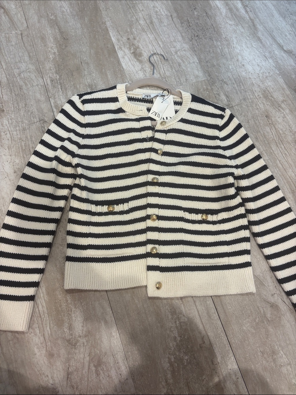 NWT Zara Womens Navy and cream Striped Cardigan with Gold Buttons
